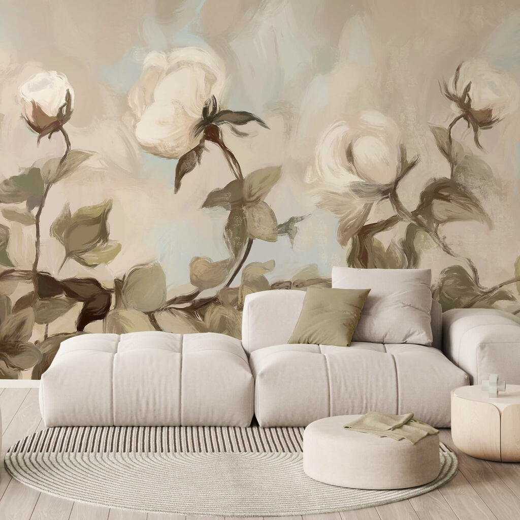 Pintura de flores e folhas brancas