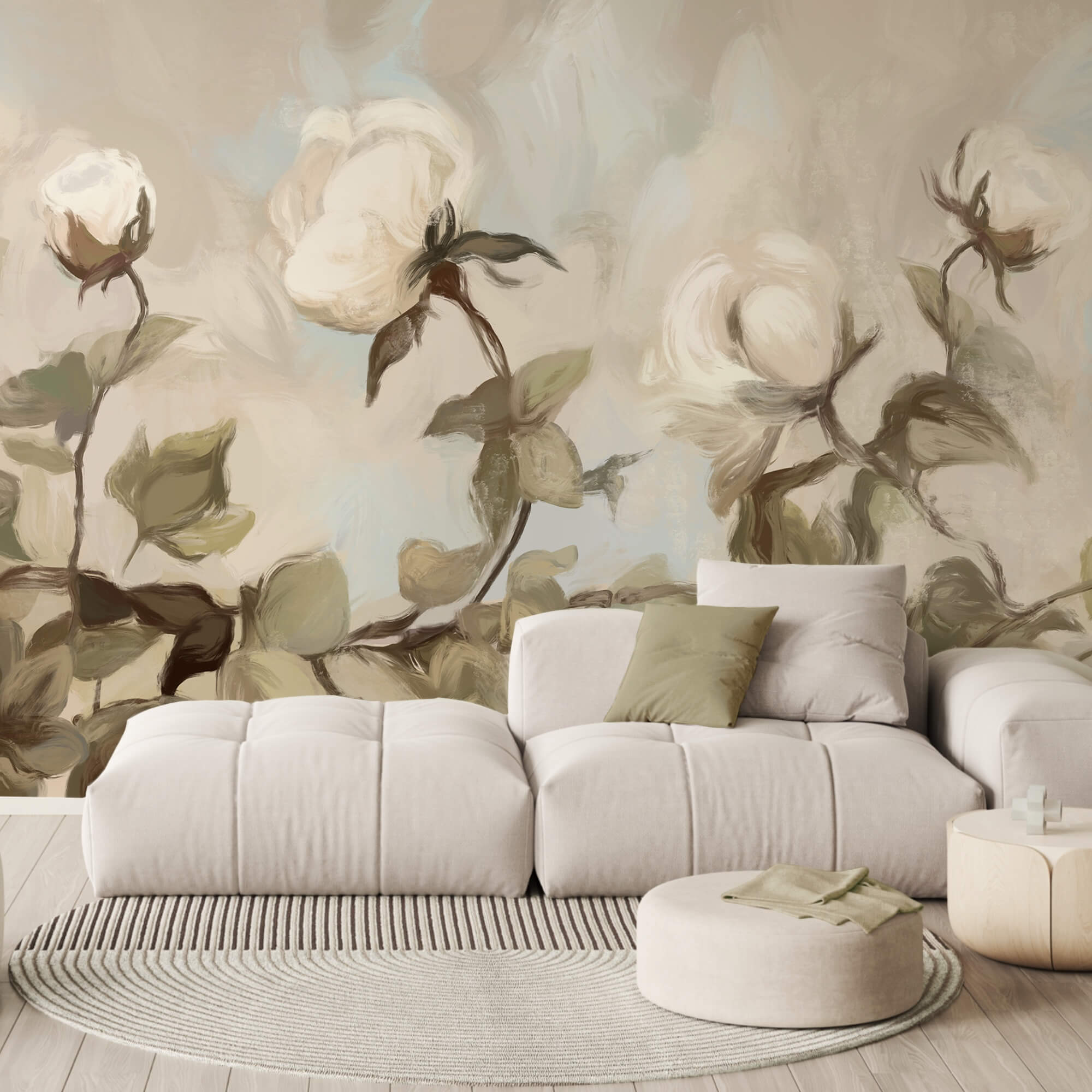 Pintura de flores e folhas brancas