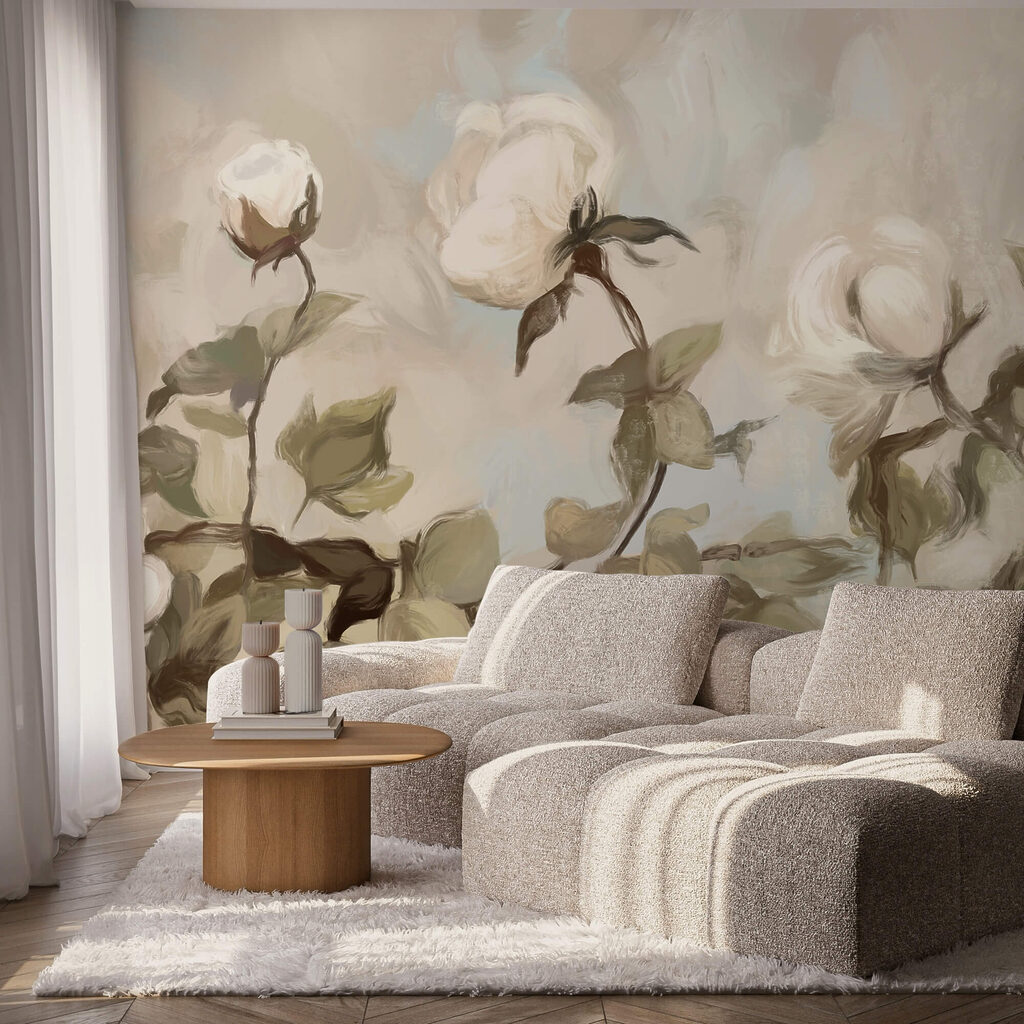 Pintura de flores e folhas brancas