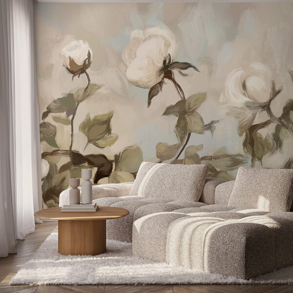 Pintura de flores e folhas brancas