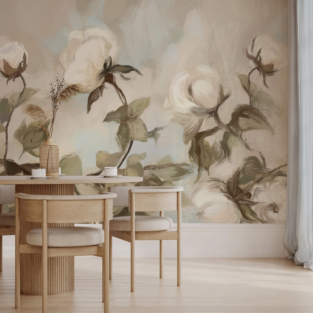 Pintura de flores e folhas brancas