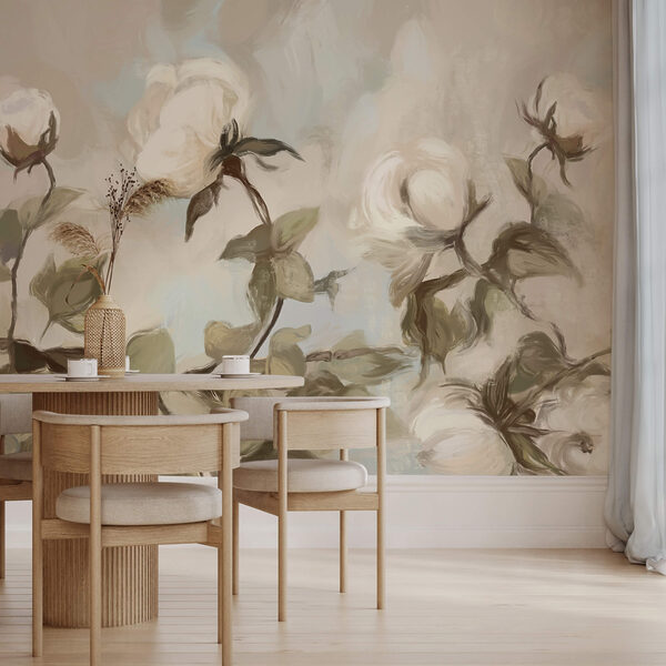 Pintura de flores e folhas brancas