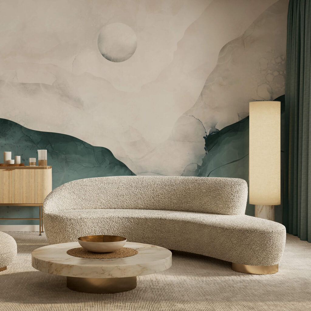 Pintura de uma montanha com a lua no céu