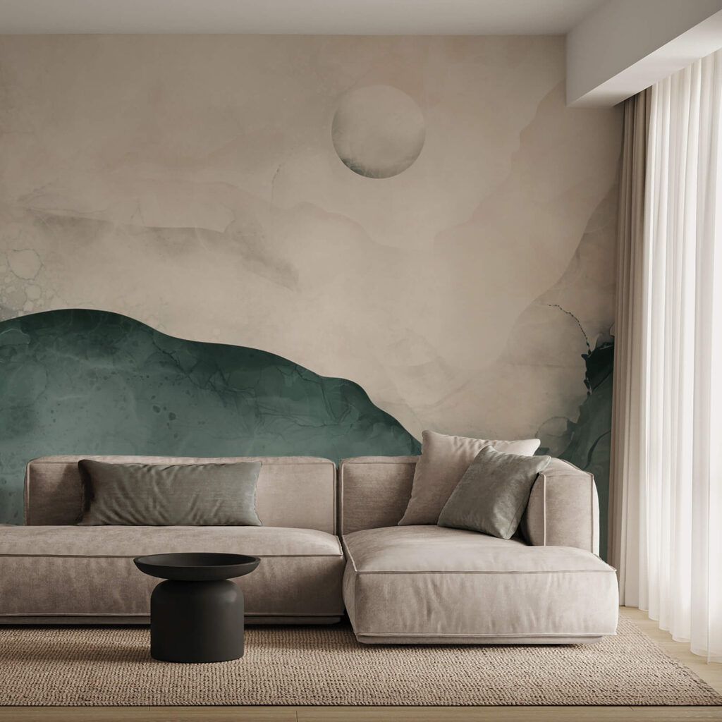 Pintura de uma montanha com a lua no céu