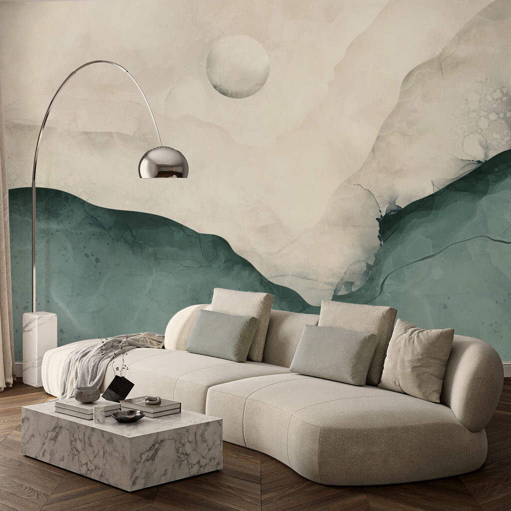 Pintura de uma montanha com a lua no céu