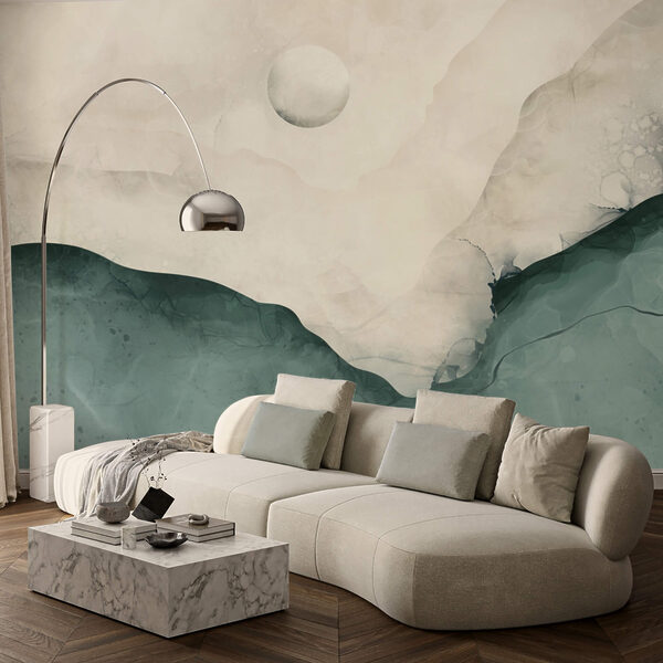 Pintura de uma montanha com a lua no céu