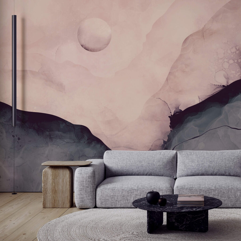 Pintura de uma montanha com uma lua