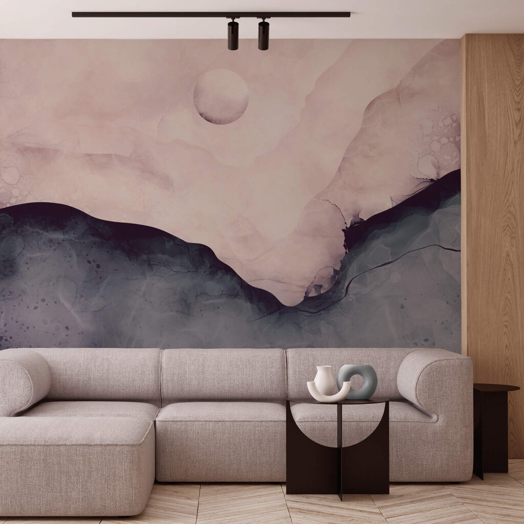 Pintura de uma montanha com uma lua