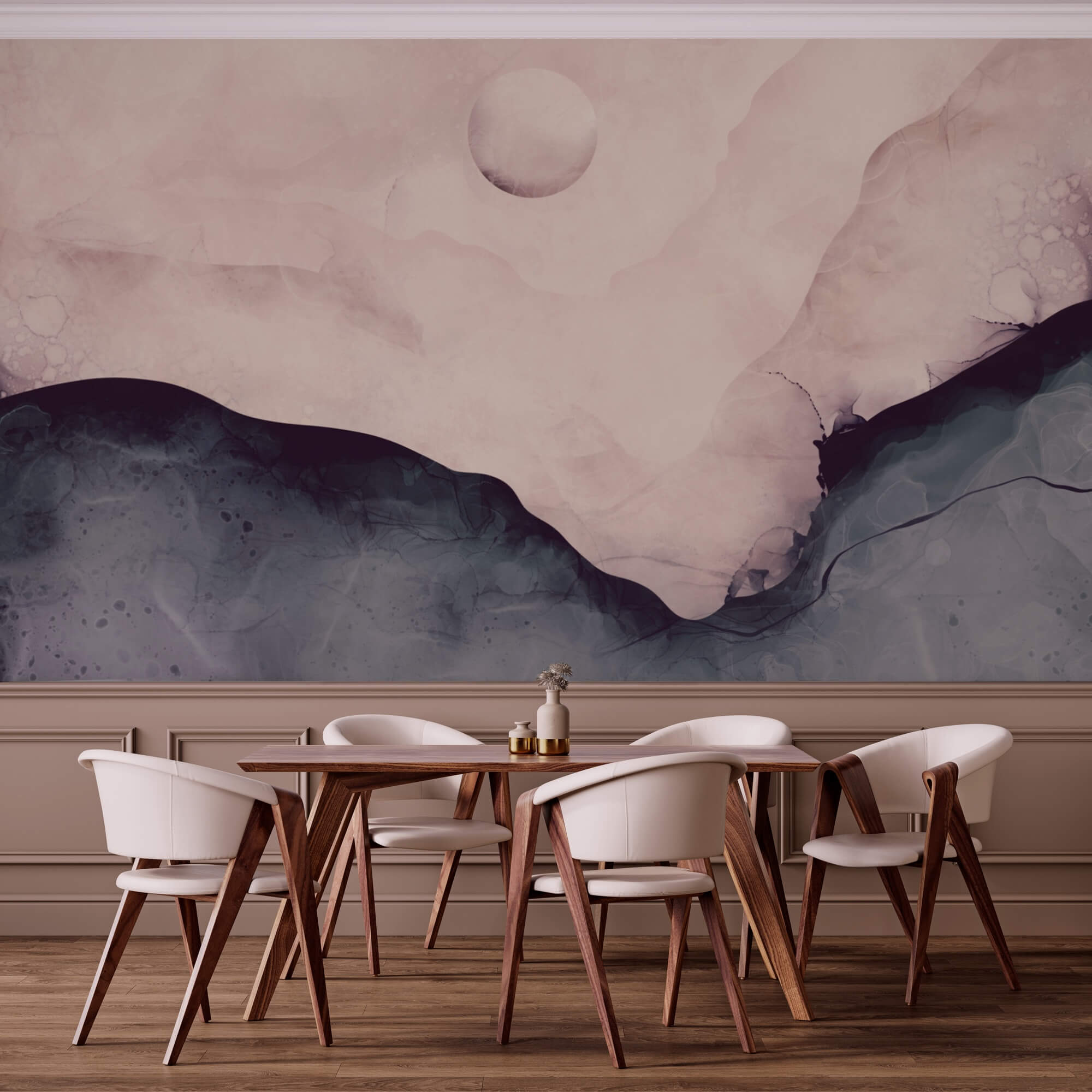 Pintura de uma montanha com uma lua