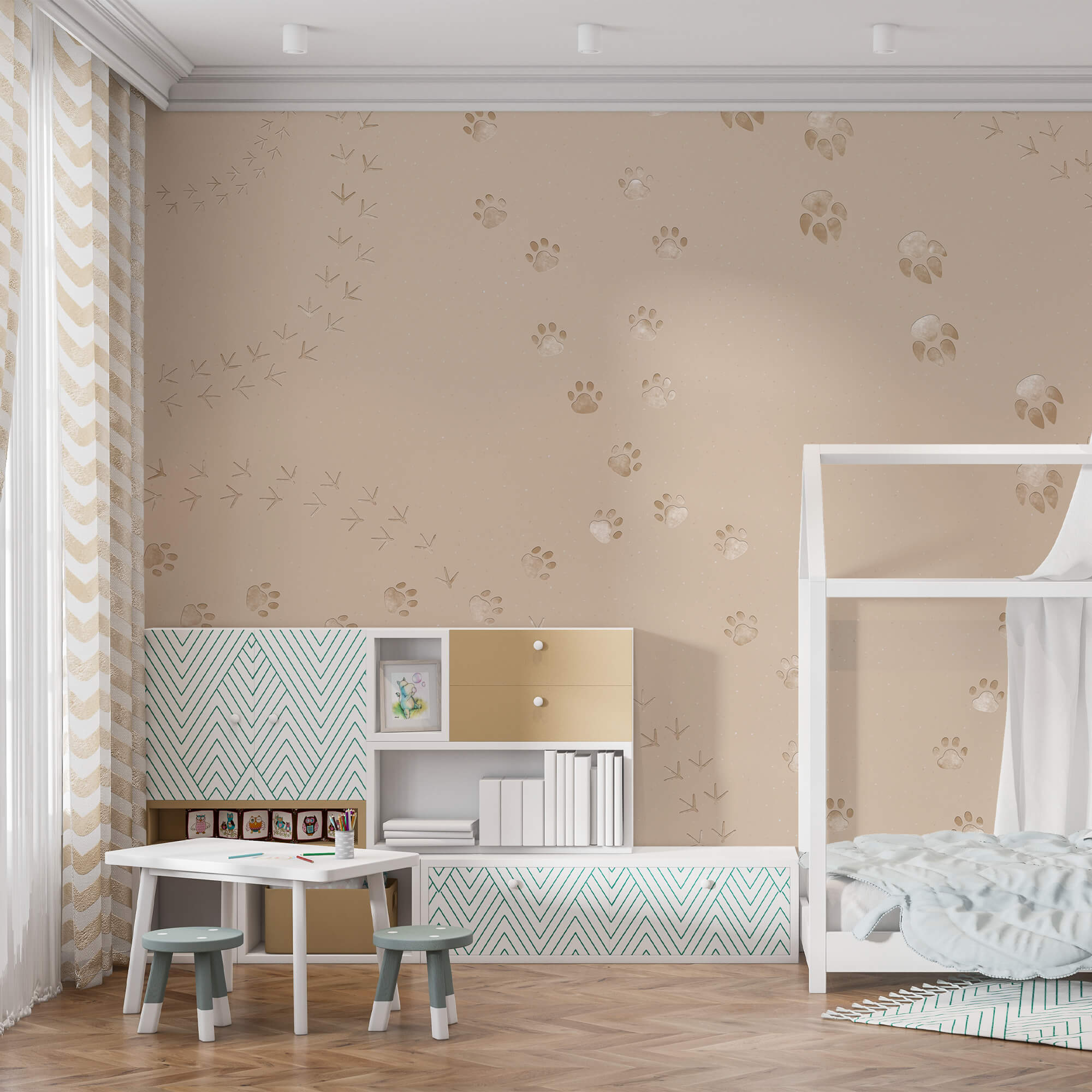 Padrão de pegadas e pássaros