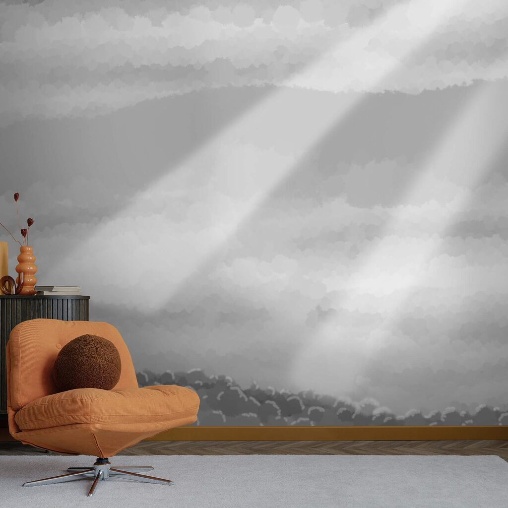 Imagem em tons de cinza de nuvens e raios solares