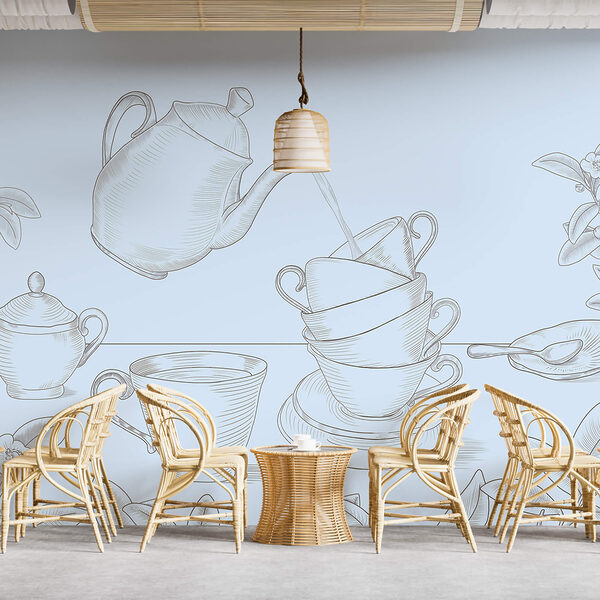 Bule servindo chá em uma pilha de xícaras