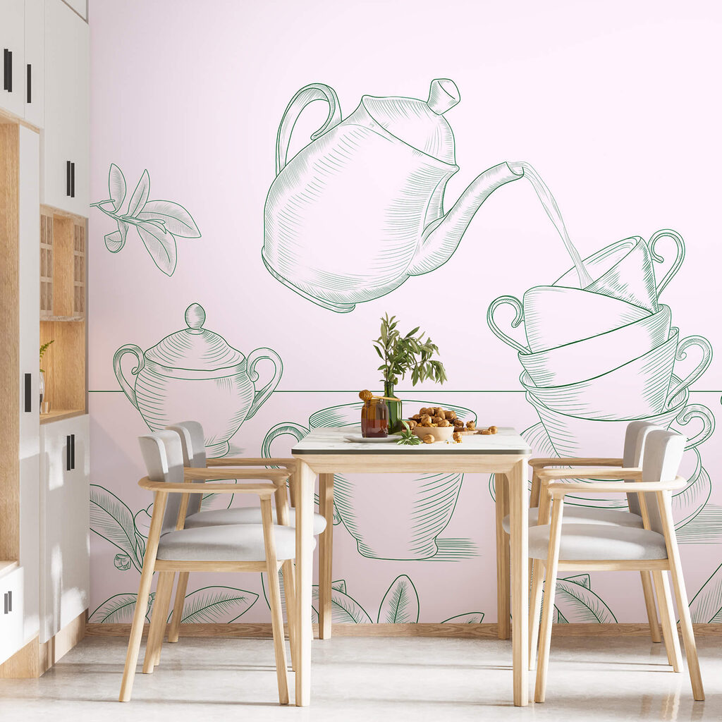 Bule servindo chá em uma pilha de xícaras