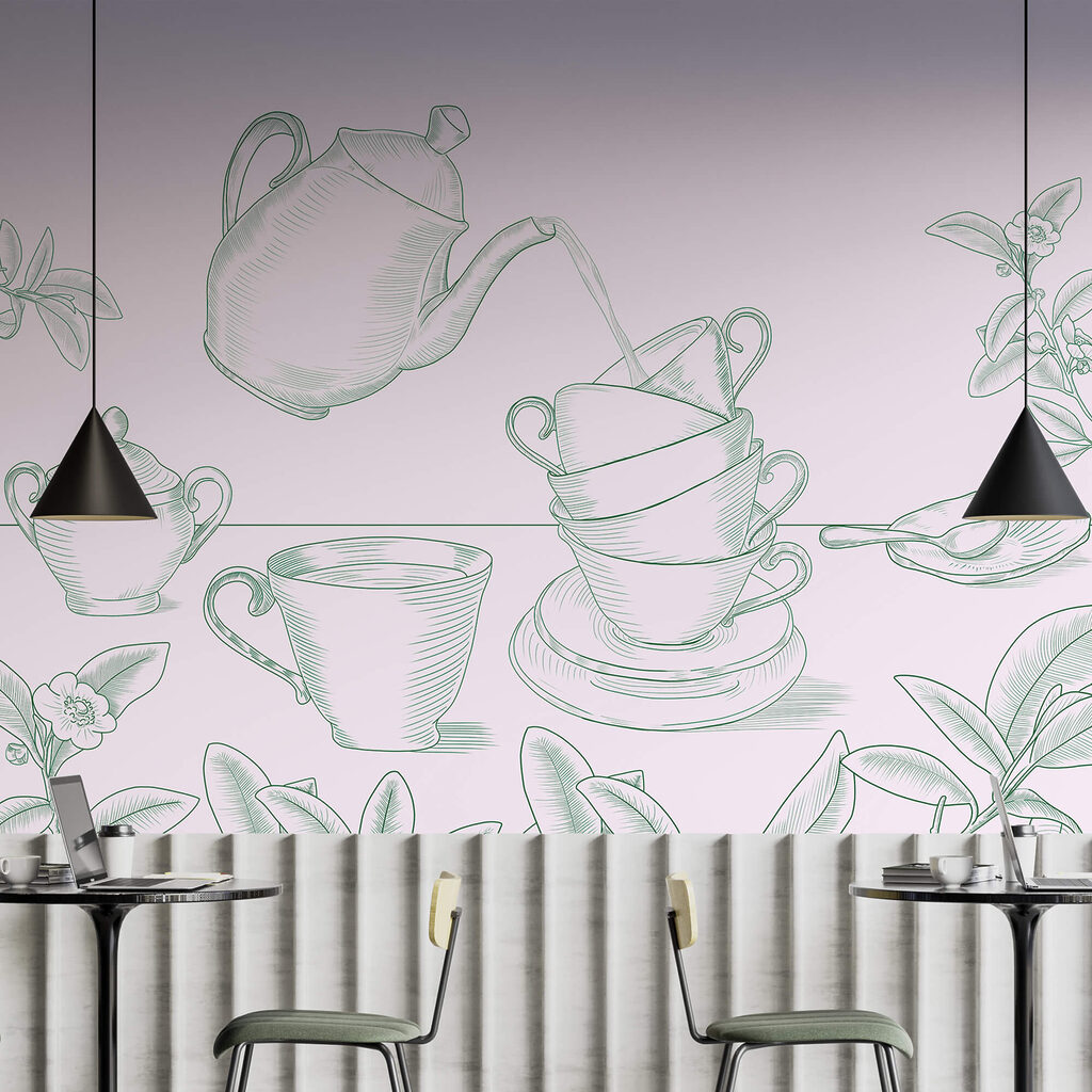 Bule servindo chá em uma pilha de xícaras