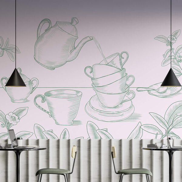 Bule servindo chá em uma pilha de xícaras