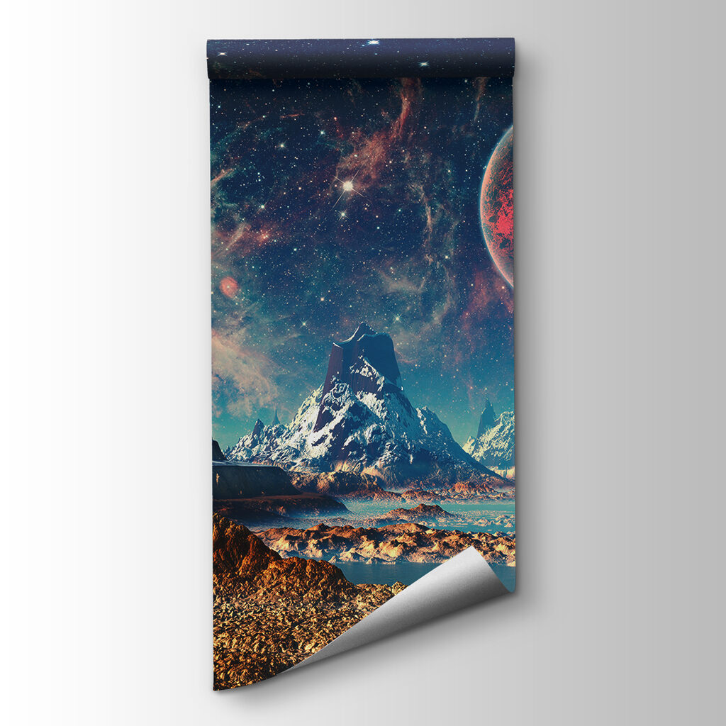Landscape of mountains and water with planets and stars Landscape of mountains and water with planets and stars