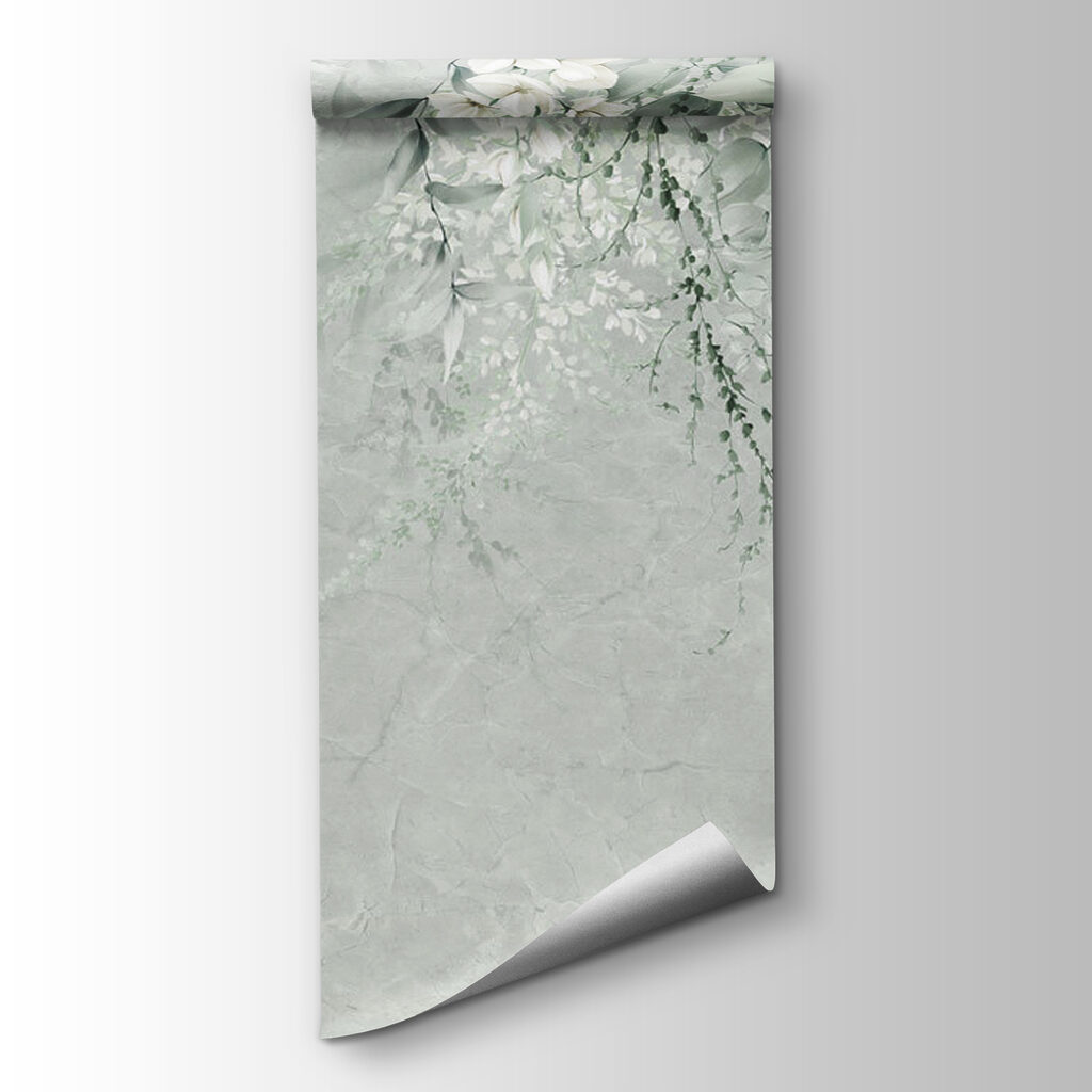 White flowers and green leaves on a white background