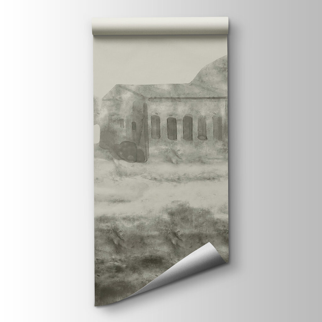 Drawing of a building and a mountain