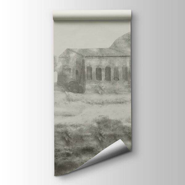 Drawing of a building and a mountain