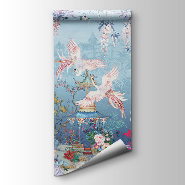 Painting of birds flying over a pagoda and flowers Painting of birds flying over a pagoda and flowers