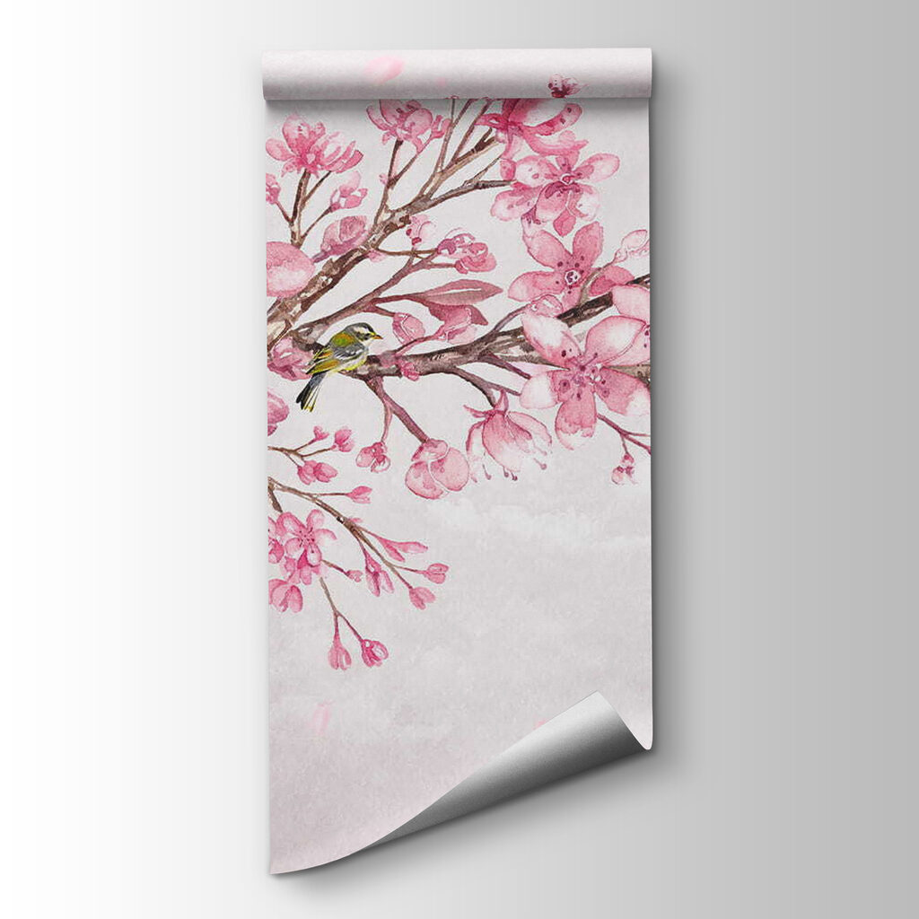 Painting of a branch with pink flowers and birds Painting of a branch with pink flowers and birds