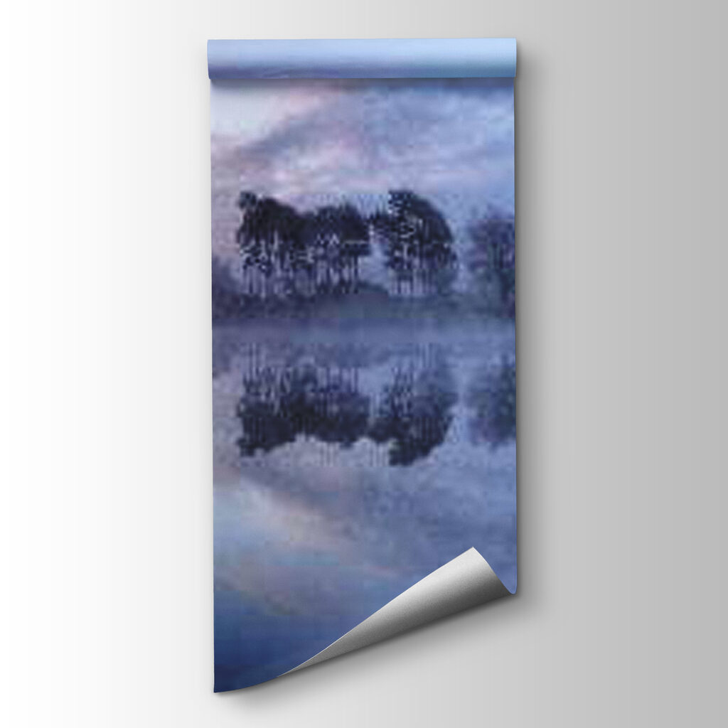 Foggy lake with trees and a blue sky