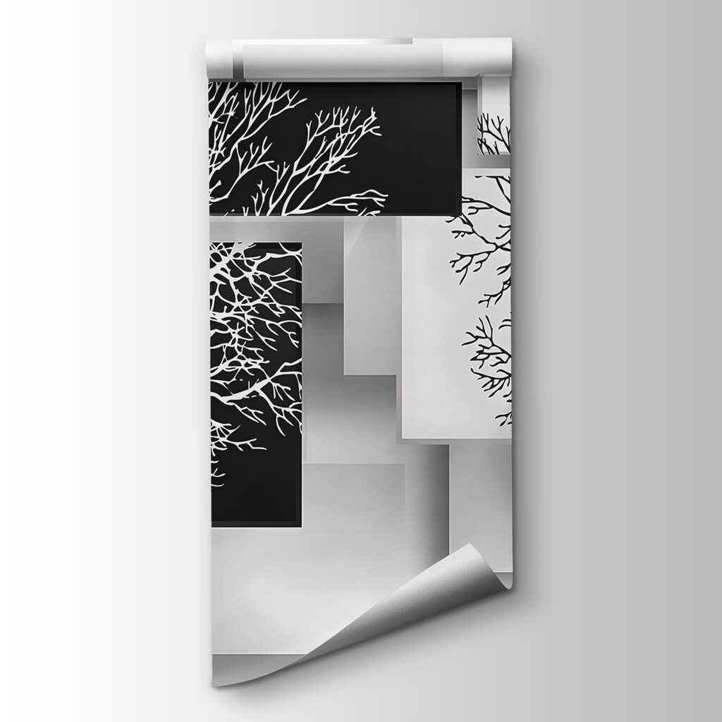 Group of black and white squares with trees on them