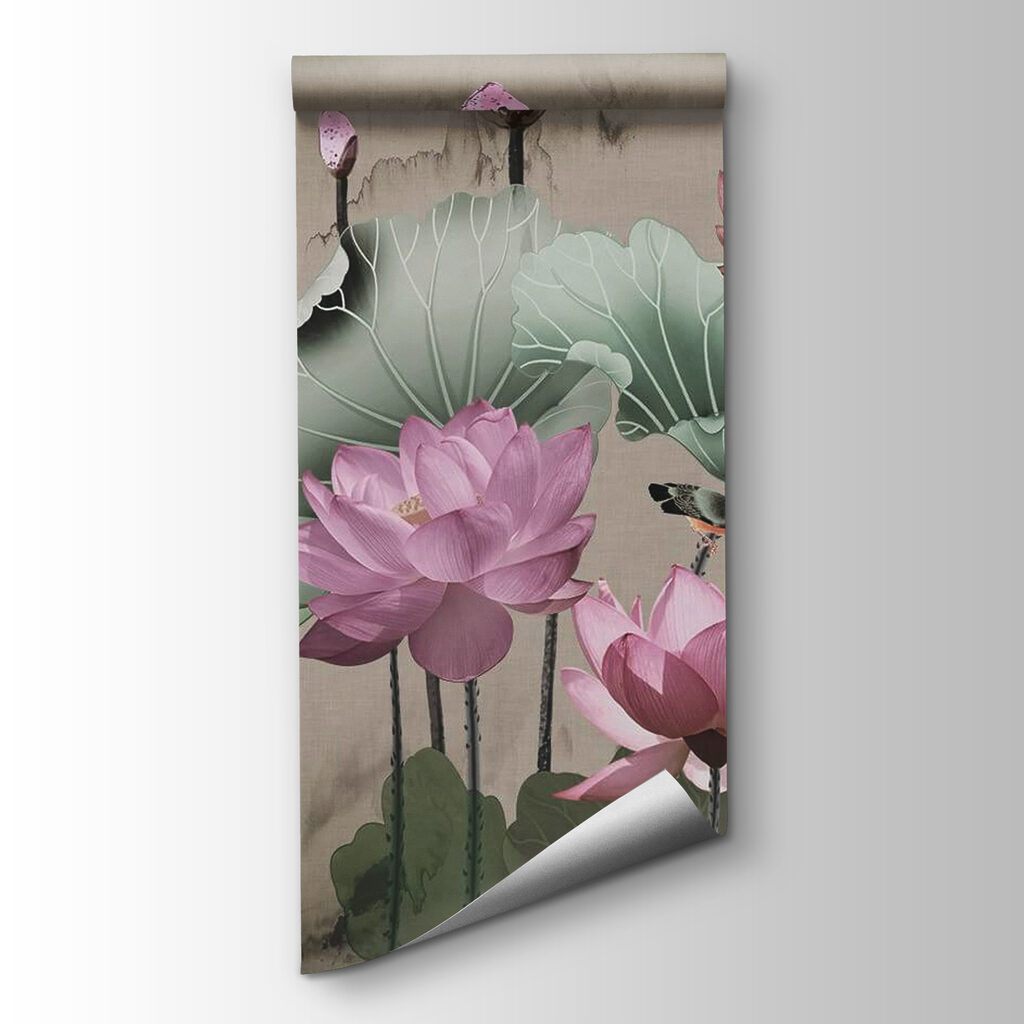 Wallpaper with pink flowers and leaves