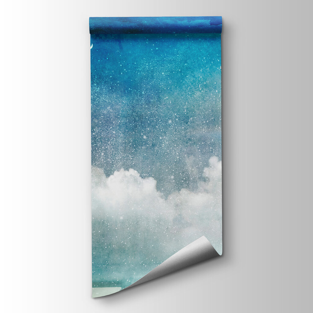 Blue sky with clouds and a crescent moon