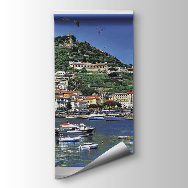 Window with a view of a city and boats