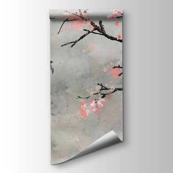 Tree branch with pink flowers and birds flying Tree branch with pink flowers and birds flying