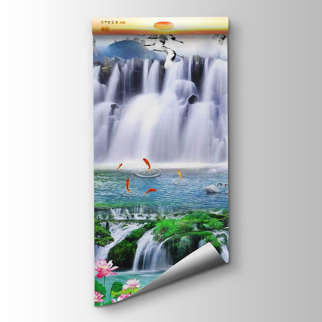 Waterfall with birds and flowers