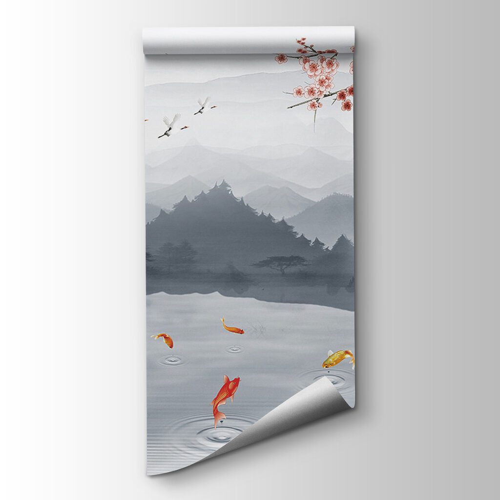 Painting of a river with a waterfall and birds