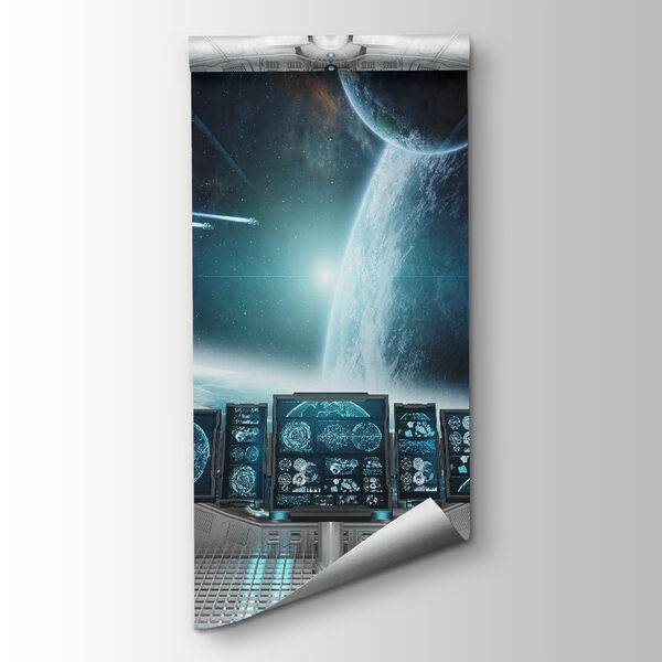 Room with screens and a view of earth from the window