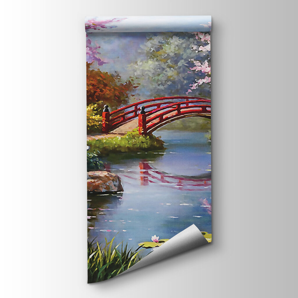 Painting of a pond with a bridge and flowers