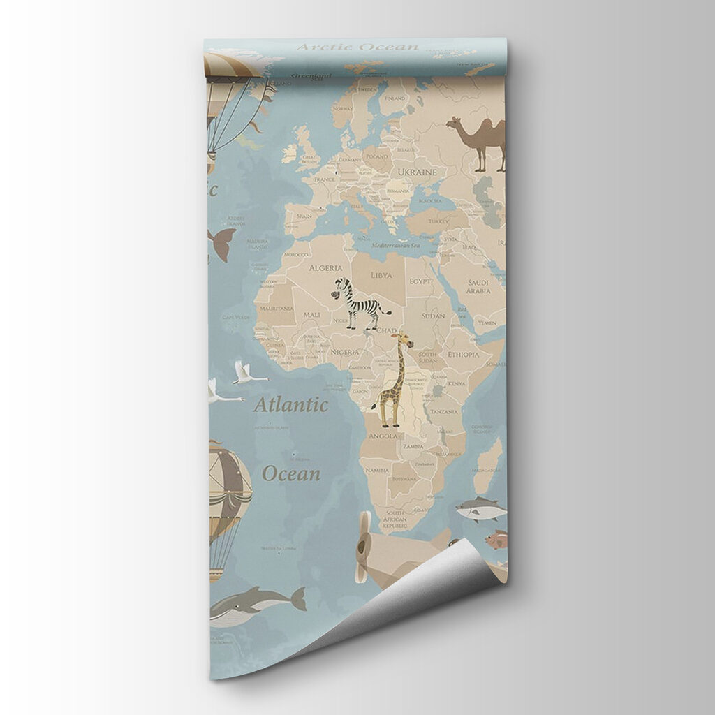 Map of the world with airplanes and hot air balloons