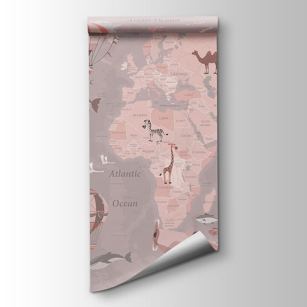 A map of the world with airplanes and hot air balloons