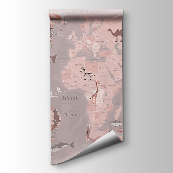 A map of the world with airplanes and hot air balloons