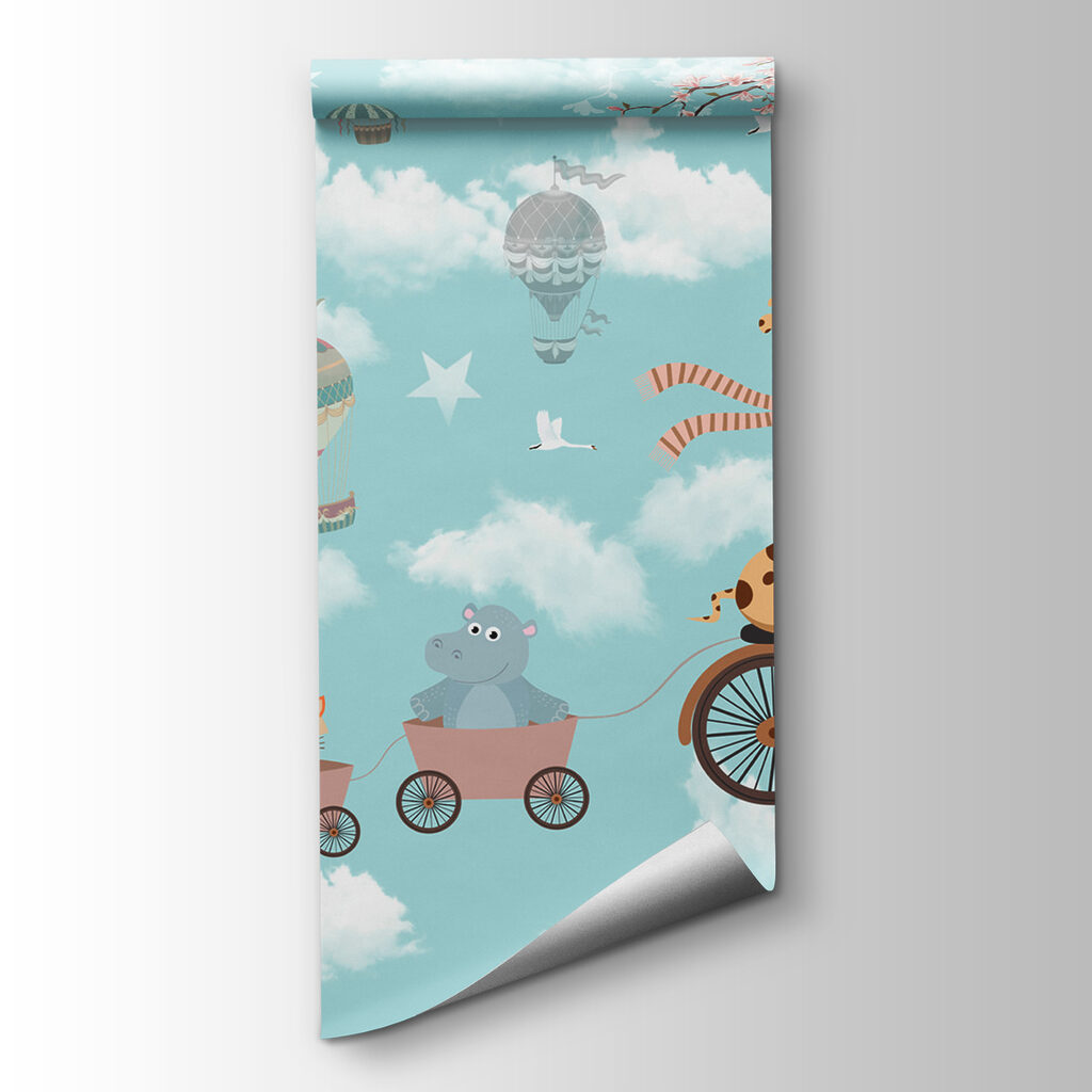 Giraffe riding a bicycle with animals in a train