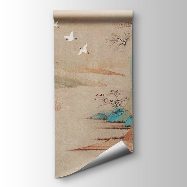 Painting of a landscape with trees and birds flying Painting of a landscape with trees and birds flying