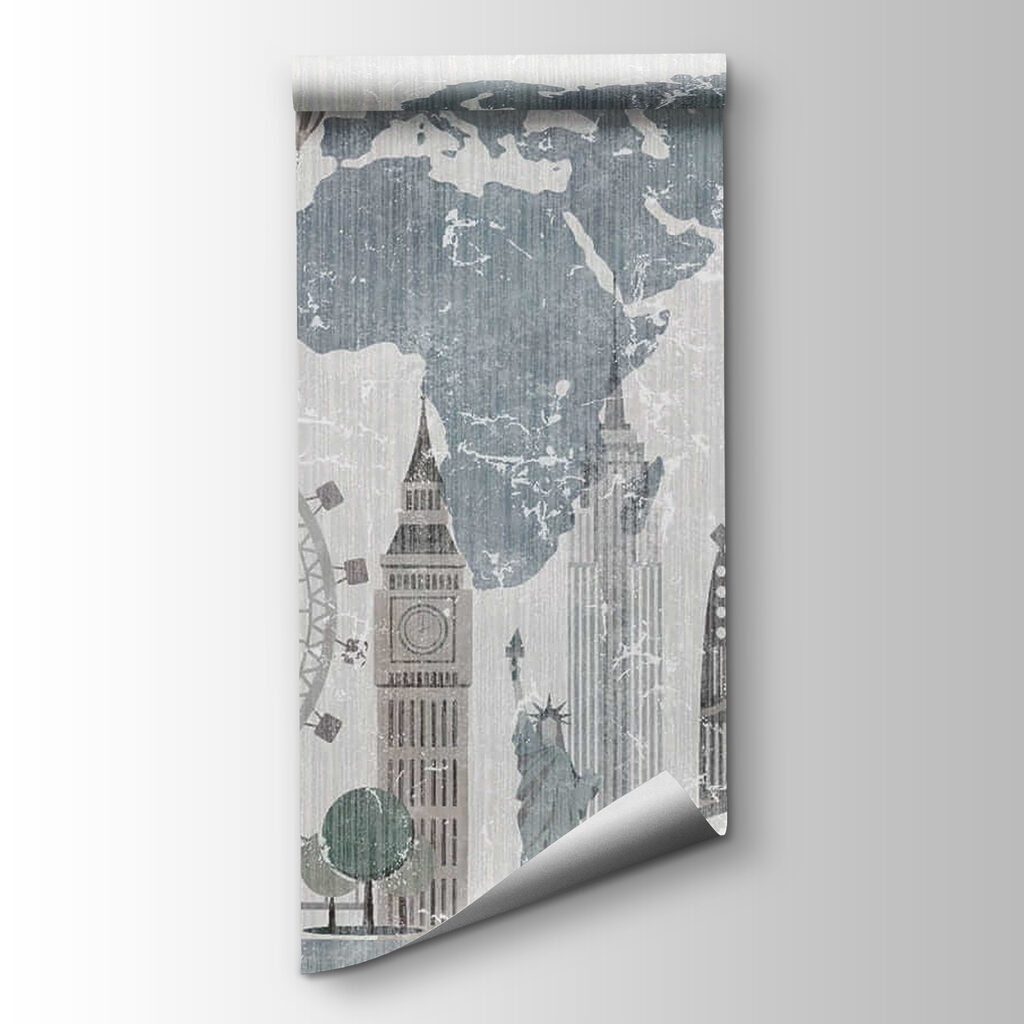 Map of the world with buildings and a ferris wheel