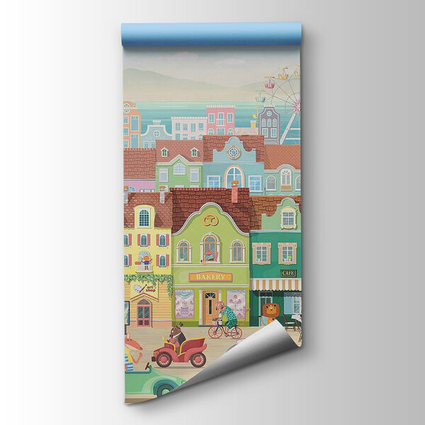 Cartoon town with many buildings and a ferris wheel Cartoon town with many buildings and a ferris wheel