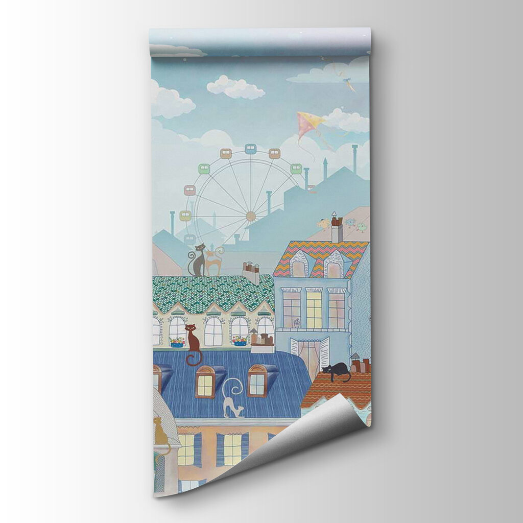 Cartoon city with many buildings and hot air balloons Cartoon city with many buildings and hot air balloons