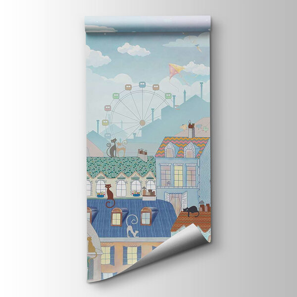 Cartoon city with many buildings and hot air balloons Cartoon city with many buildings and hot air balloons