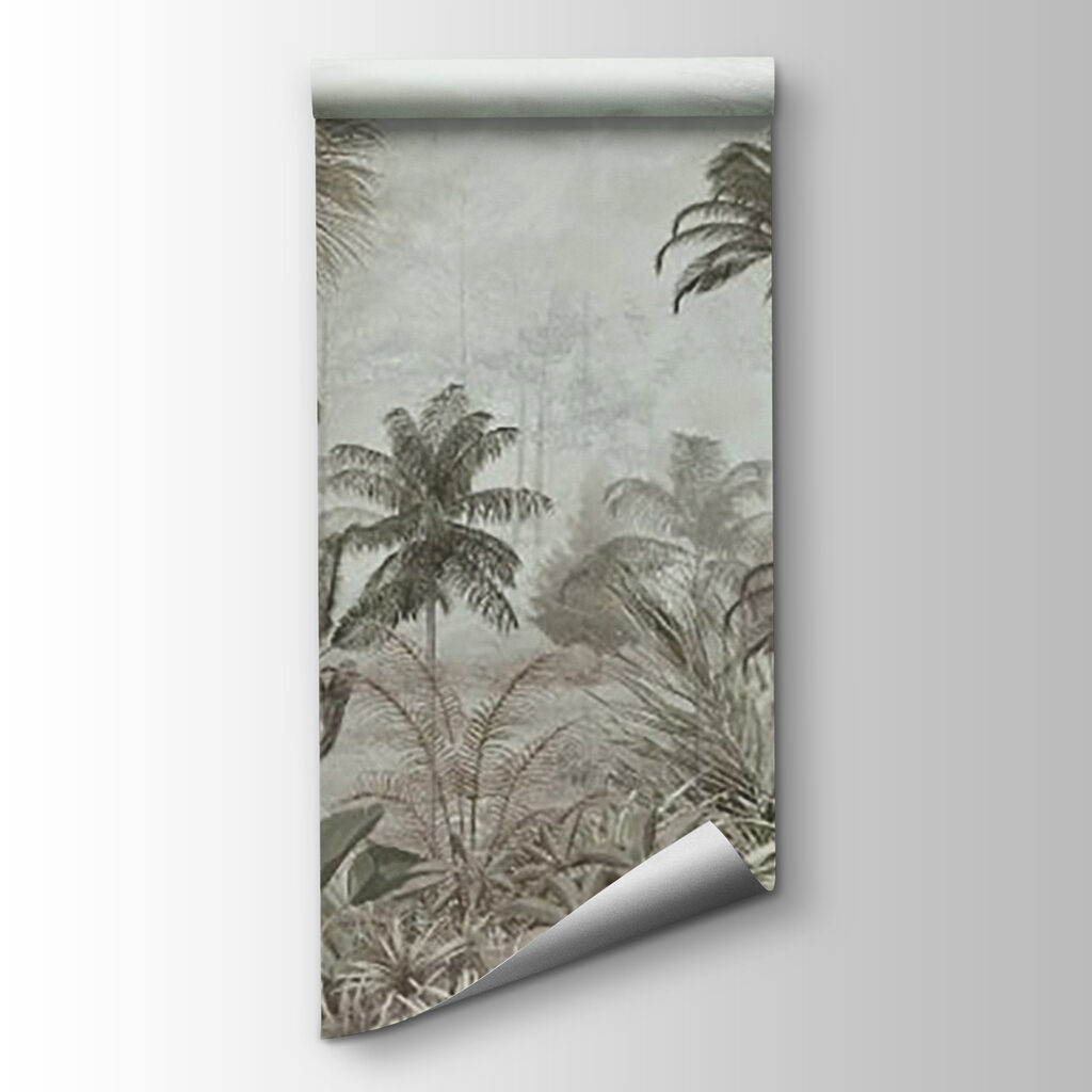 Group of palm trees in a foggy forest