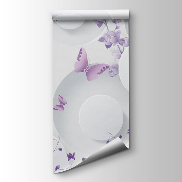 Purple flowers and white circles with purple butterflies Purple flowers and white circles with purple butterflies