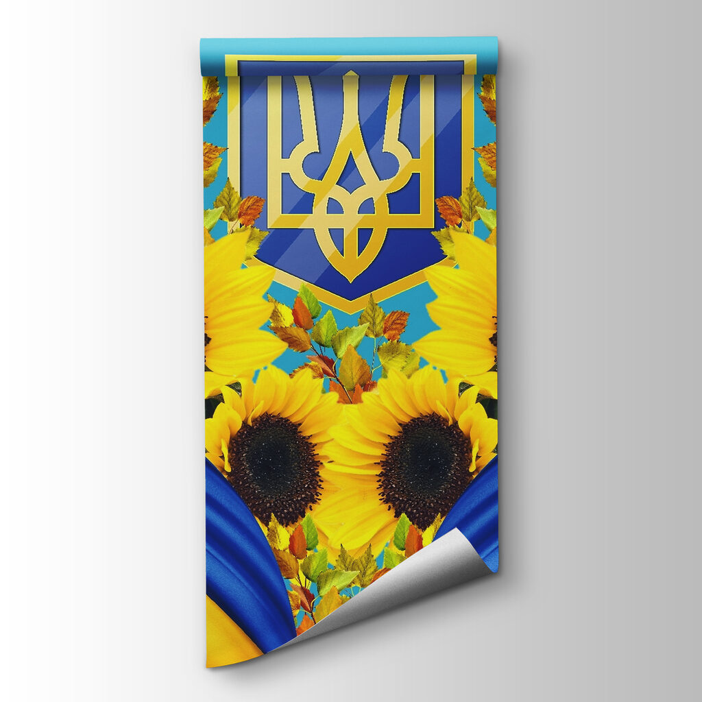 Group of sunflowers and a blue and yellow curtain Group of sunflowers and a blue and yellow curtain