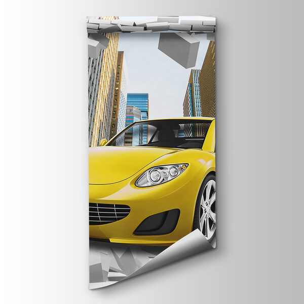 Yellow car in a wall of bricks