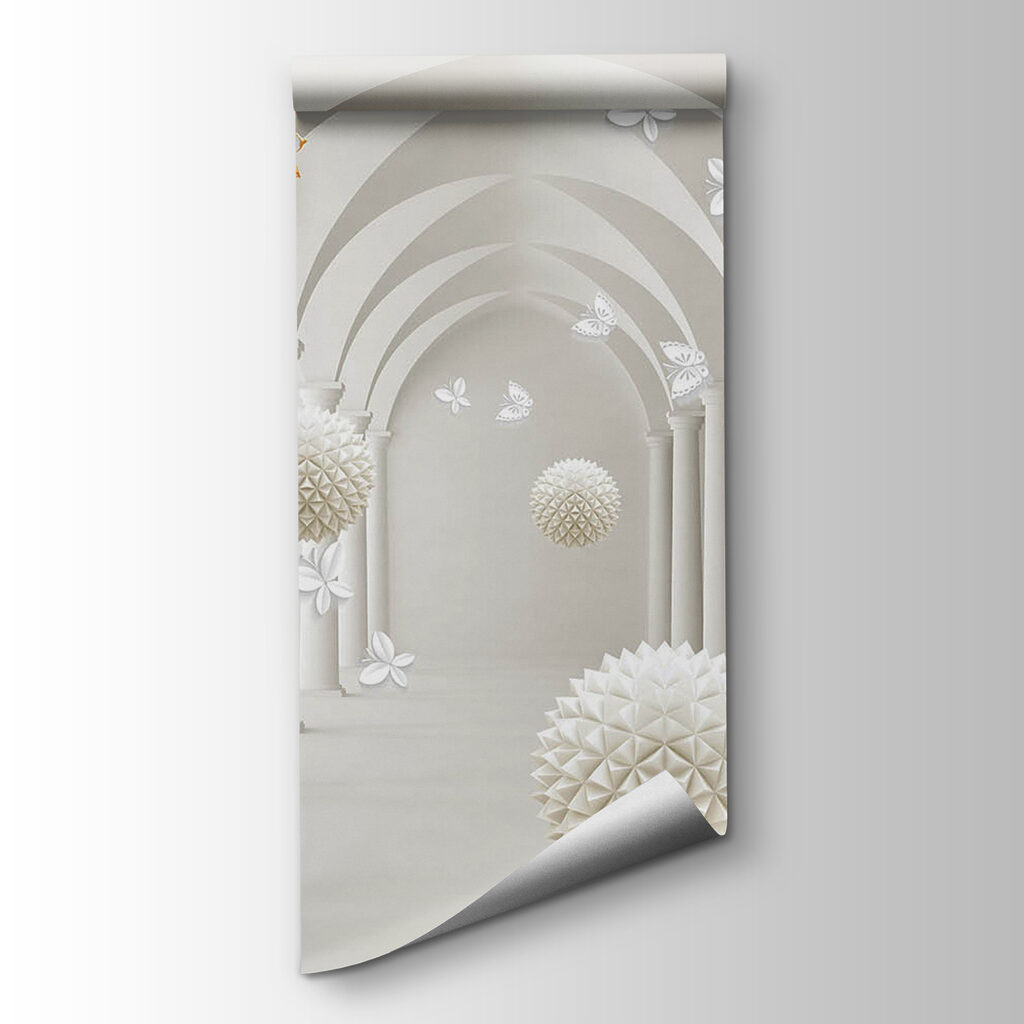 White room with white flowers and white balls