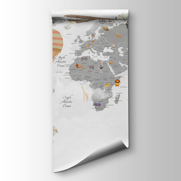 Map of the world with animals and hot air balloons
